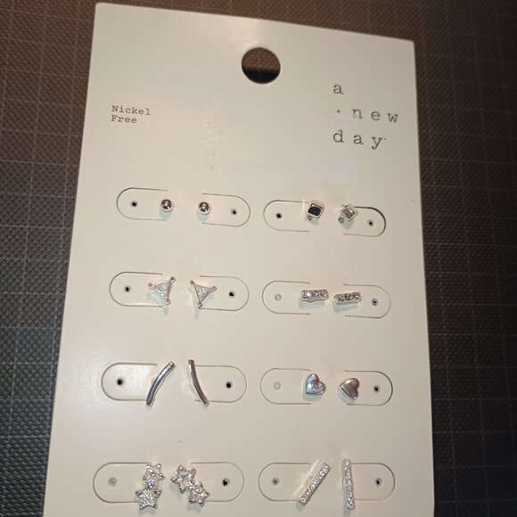 NEW A New Day™ Silver Crystal Star and Heart Stud Earring Set 8pc - Picture 2 of 5